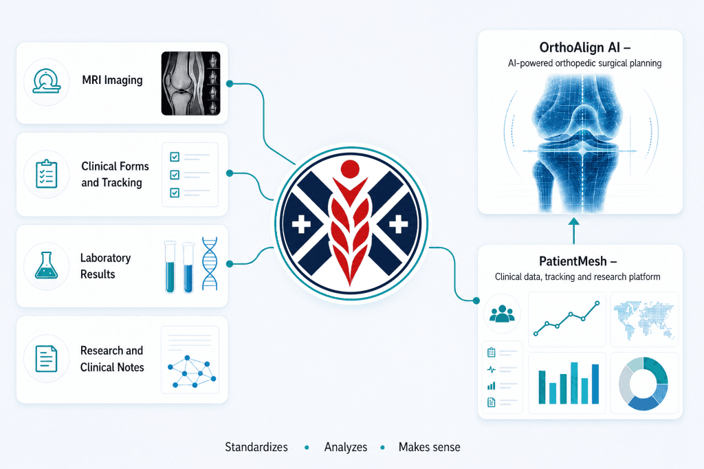 Medaxxa ecosystem from clinical data through PatientMesh to OrthoAlign AI