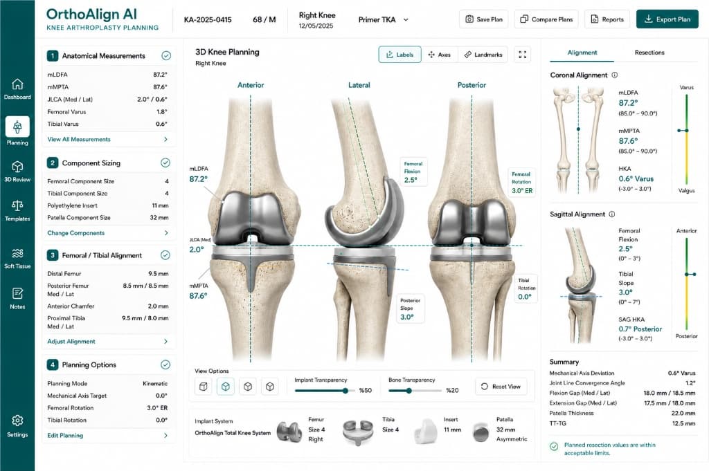 OrthoAlign planning workspace showing anatomical measurements, component placement, resection levels and alignment parameters