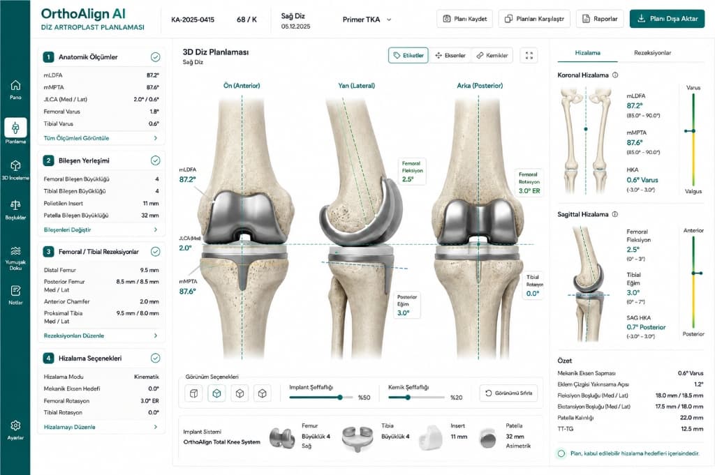 OrthoAlign planlama çalışma alanı: anatomik ölçümler, komponent yerleşimi, kesim seviyeleri ve hizalama parametreleri