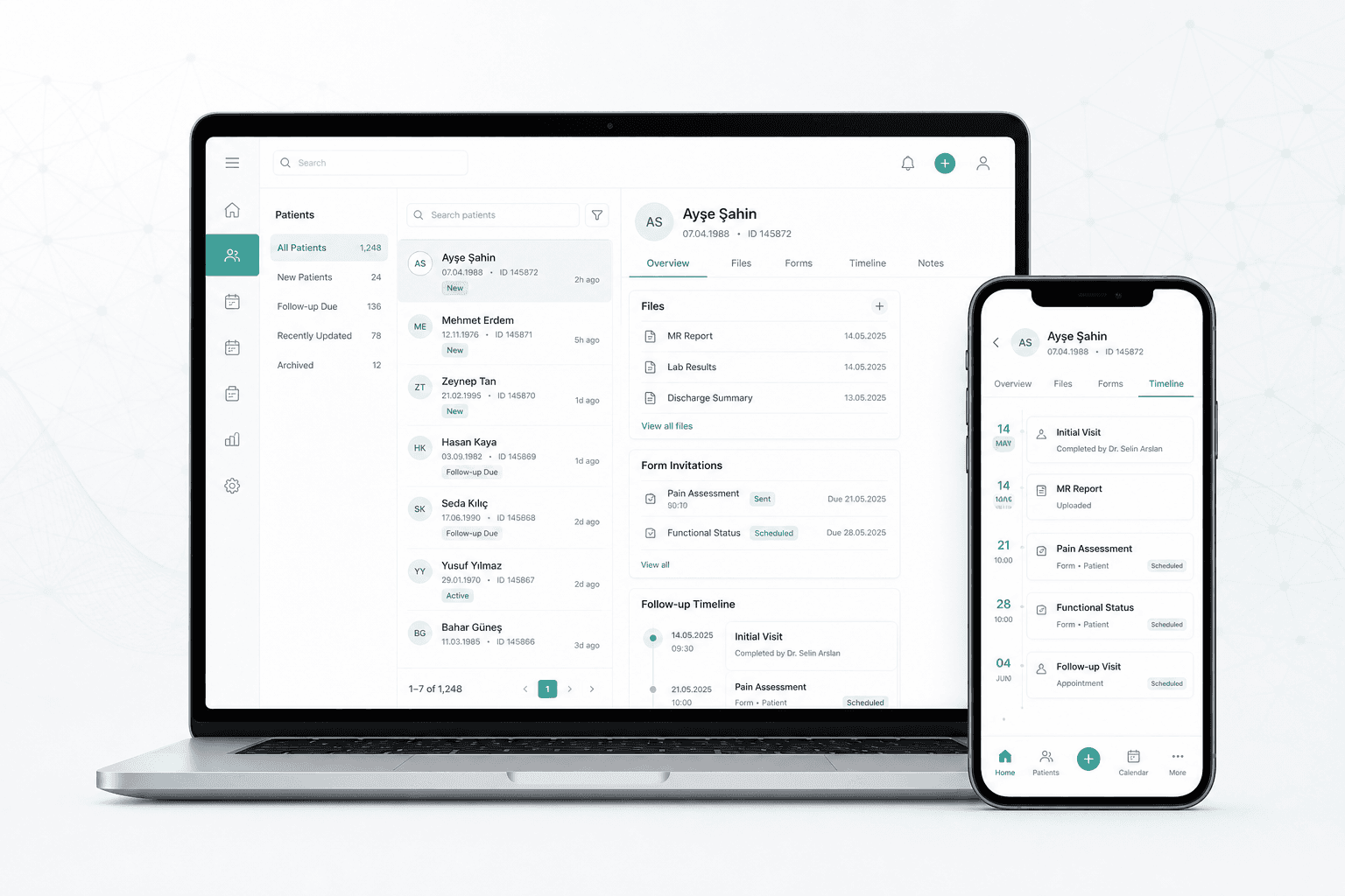 PatientMesh patient file — clinical tracking, forms and timeline